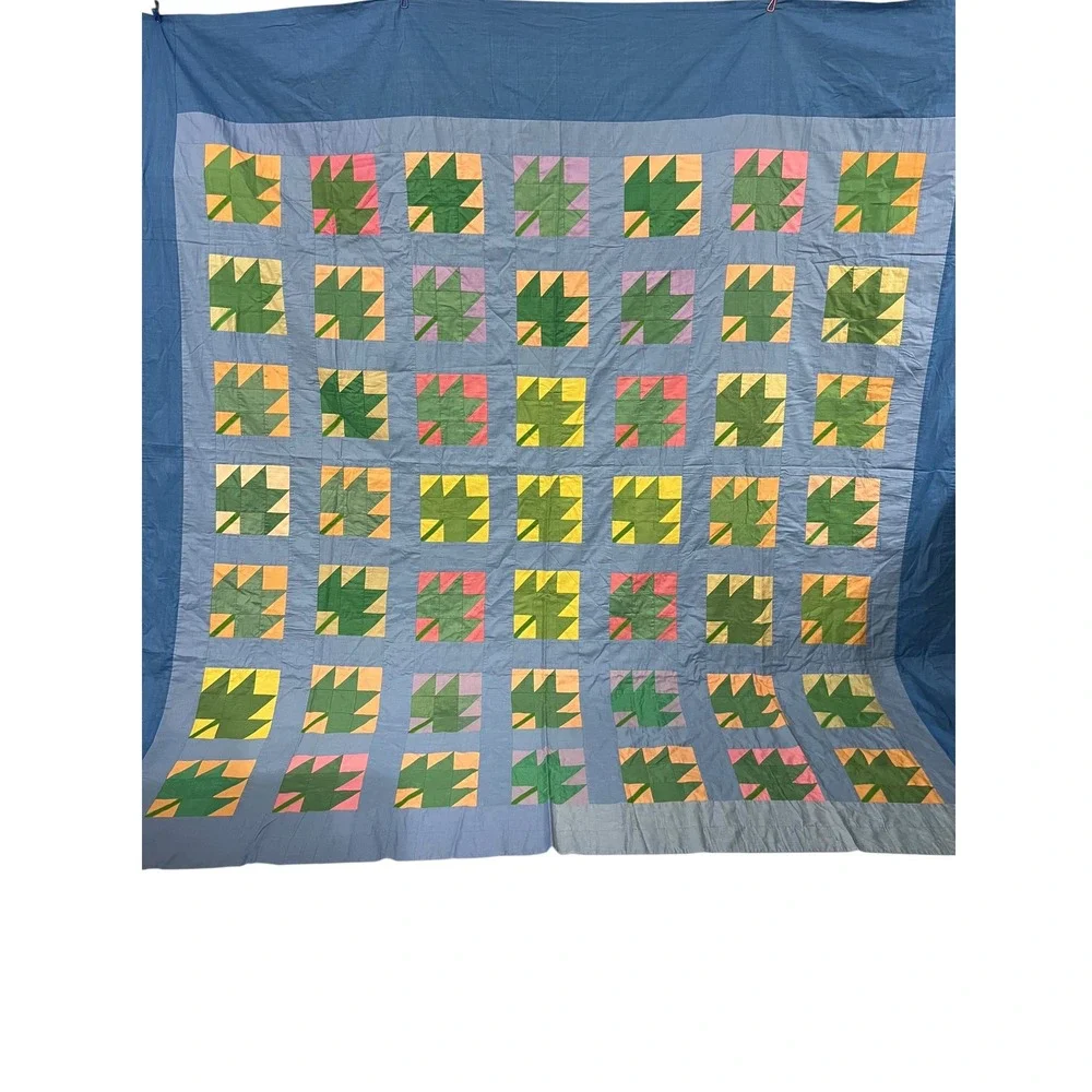Vintage Hand Stitched Patchwork Quilt Leaf Blocks Blue Green Full Queen 92x88
